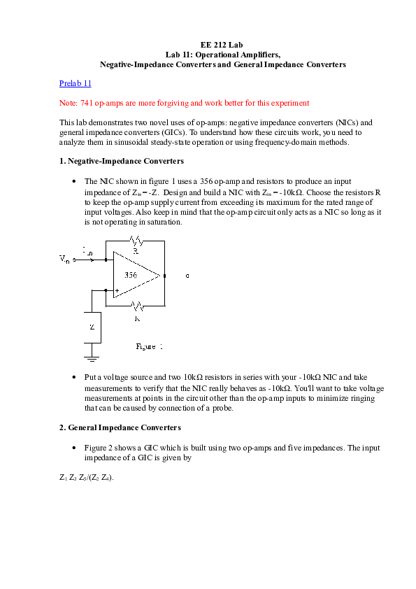(DOC) EE 212 Lab Lab 11: Operational Amplifiers, Negative-Impedance ...