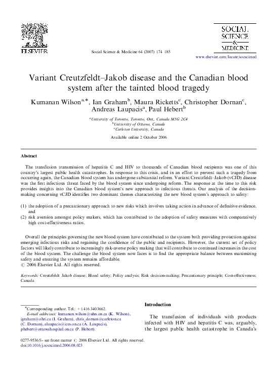 (PDF) Variant CreutzfeldtJakob disease and the Canadian blood system