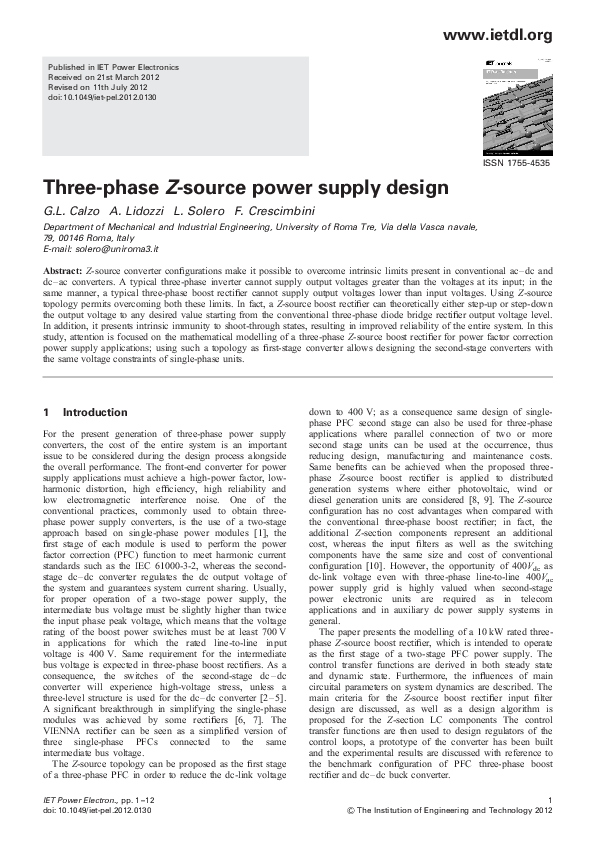 (PDF) Threephase Zsource power supply design Fabio Crescimbini and