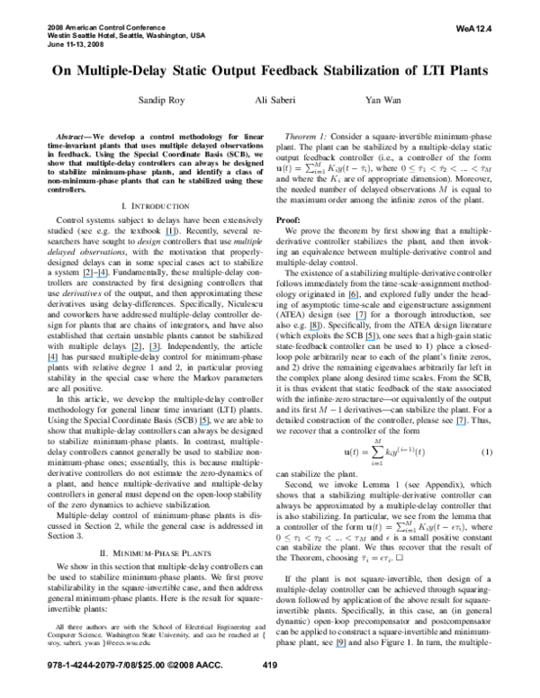 (PDF) On multiple-delay output feedback stabilization of LTI plants