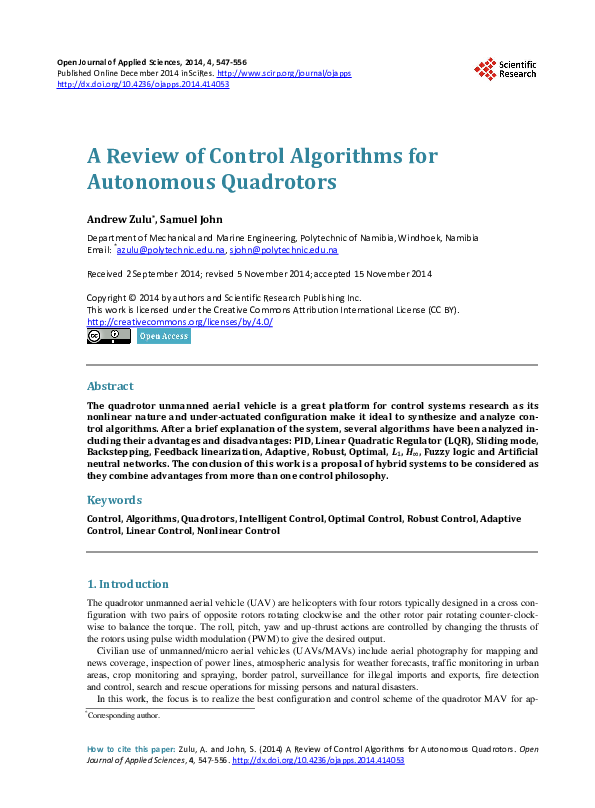 (PDF) A Review of Control Algorithms for Autonomous Quadrotors
