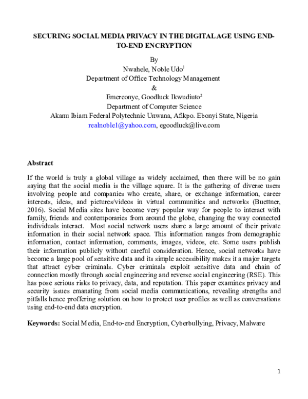(DOC) SECURING SOCIAL MEDIA PRIVACY IN THE DIGITAL AGE USING END- TO ...