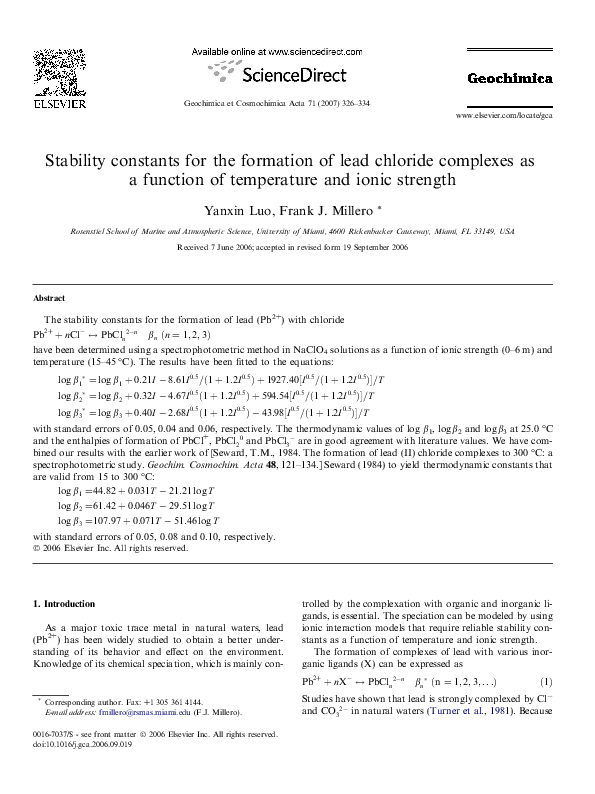 (PDF) Stability constants for the formation of lead chloride complexes