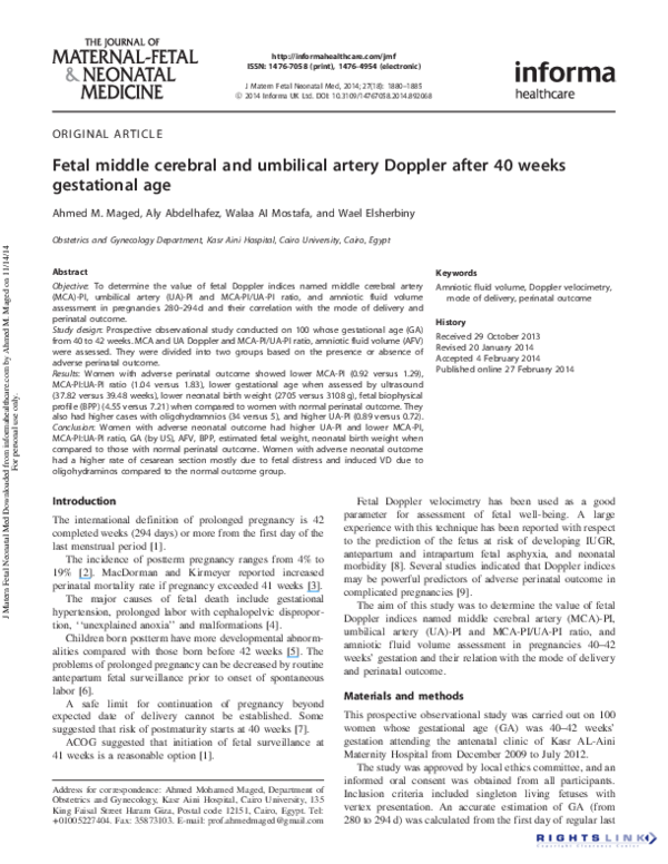 (PDF) Fetal middle cerebral and umbilical artery Doppler after 40 weeks ...