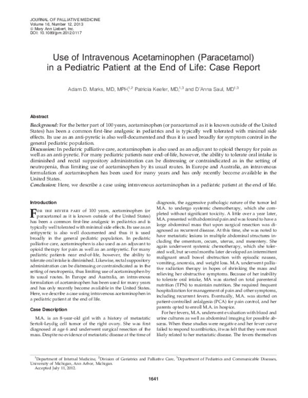(PDF) Use of Intravenous Acetaminophen (Paracetamol) in a Pediatric
