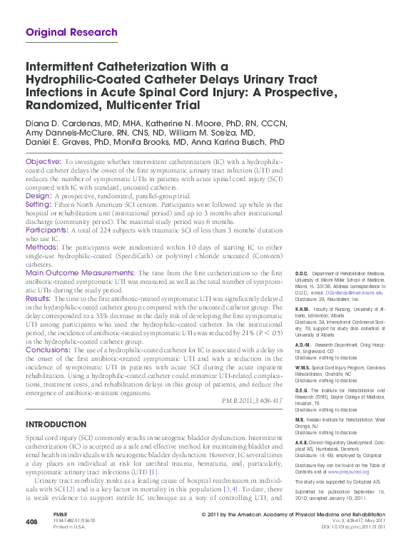 (PDF) Intermittent Catheterization With a HydrophilicCoated Catheter Delays Urinary Tract