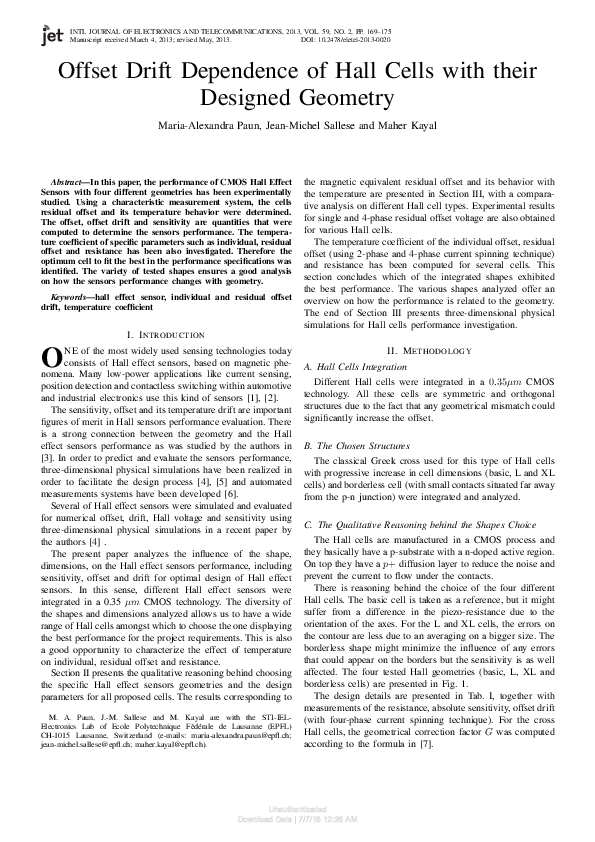 (PDF) Offset Drift Dependence of Hall Cells with their Designed Geometry
