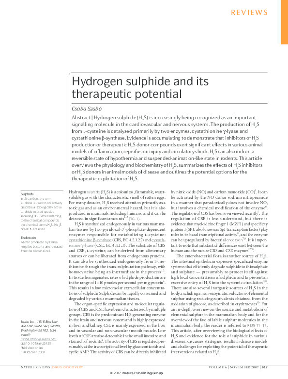 (PDF) Hydrogen sulphide and its therapeutic potential