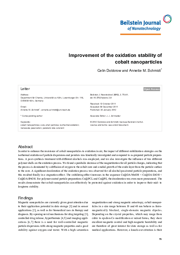 (PDF) Improvement of the oxidation stability of cobalt nanoparticles