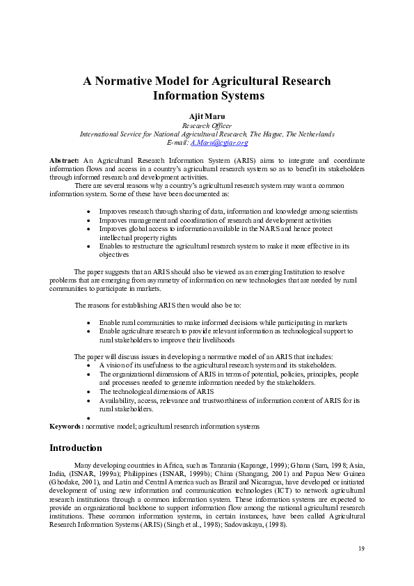 (PDF) A Normative Model for Agricultural Research Information Systems