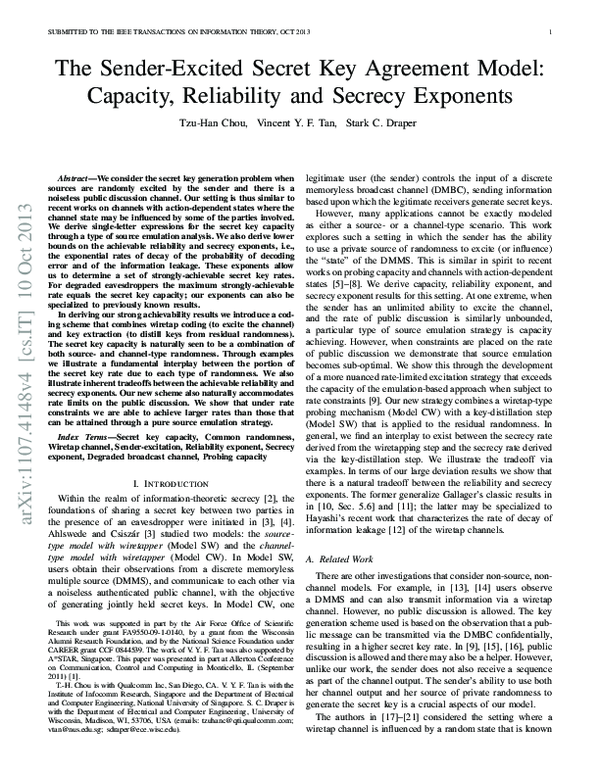 (PDF) The sender-excited secret key agreement model: Capacity theorems