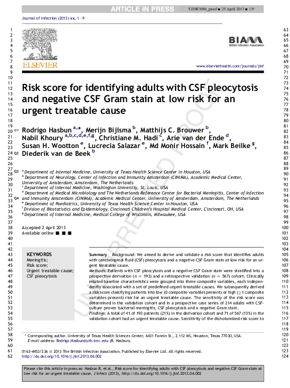 (PDF) Risk score for identifying adults with CSF pleocytosis and ...