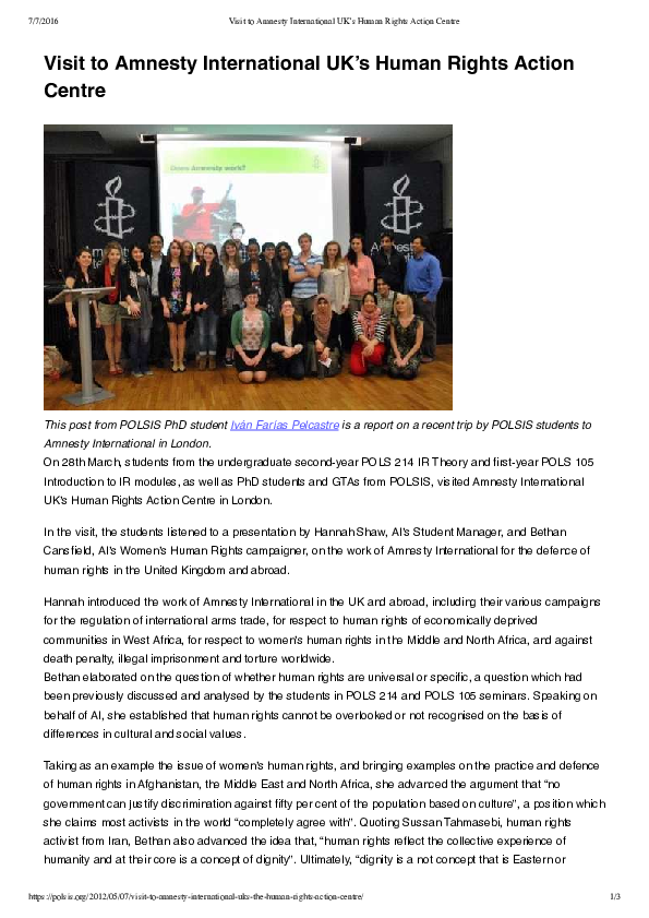 (PDF) Report on Visit to Amnesty International UK's Human Rights Action ...