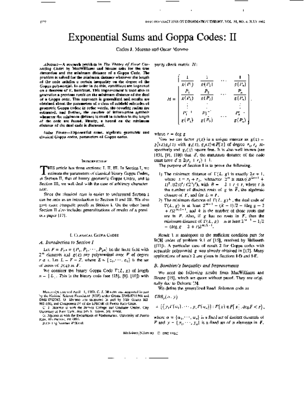 (PDF) Exponential sums and Goppa codes: II