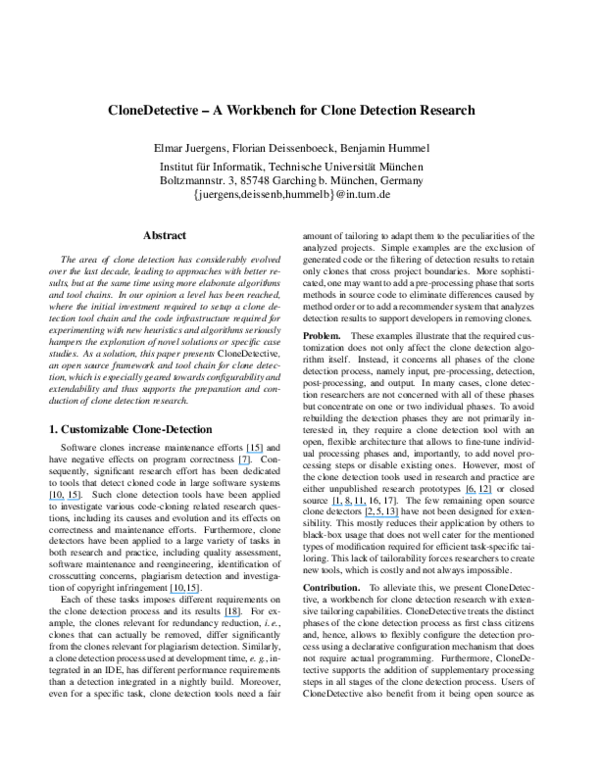 (PDF) CloneDetective - A workbench for clone detection research