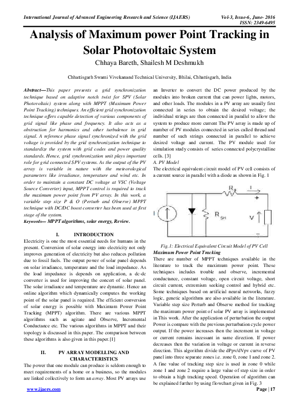 (PDF) Analysis of Maximum power Point Tracking in Solar Photovoltaic System