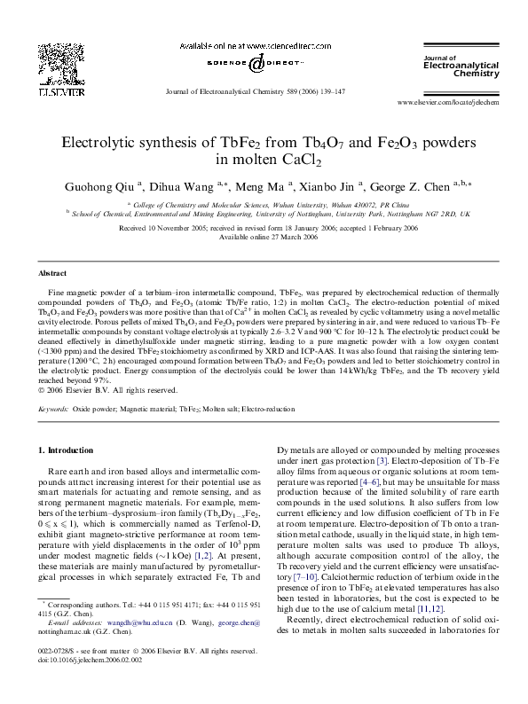 (PDF) Electrolytic synthesis of TbFe2 from Tb4O7 and Fe2O3 powders in ...