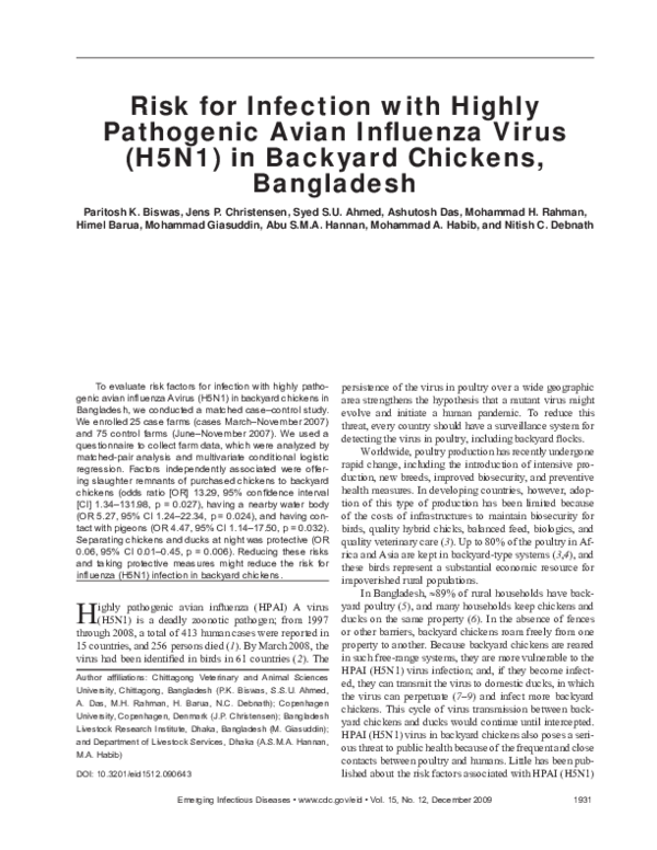 (PDF) Risk for infection with highly pathogenic avian influenza virus ...