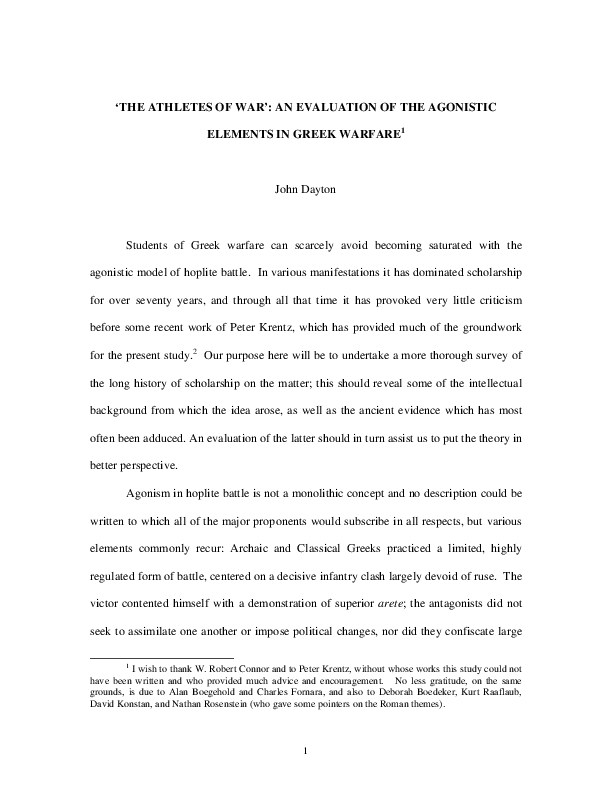 'THE ATHLETES OF WAR': AN EVALUATION OF THE AGONISTIC ELEMENTS IN GREEK WARFARE 1