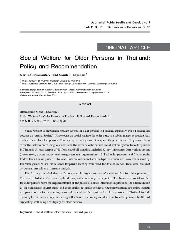 (PDF) Social Welfare for Older Persons in Thailand: Policy and ...
