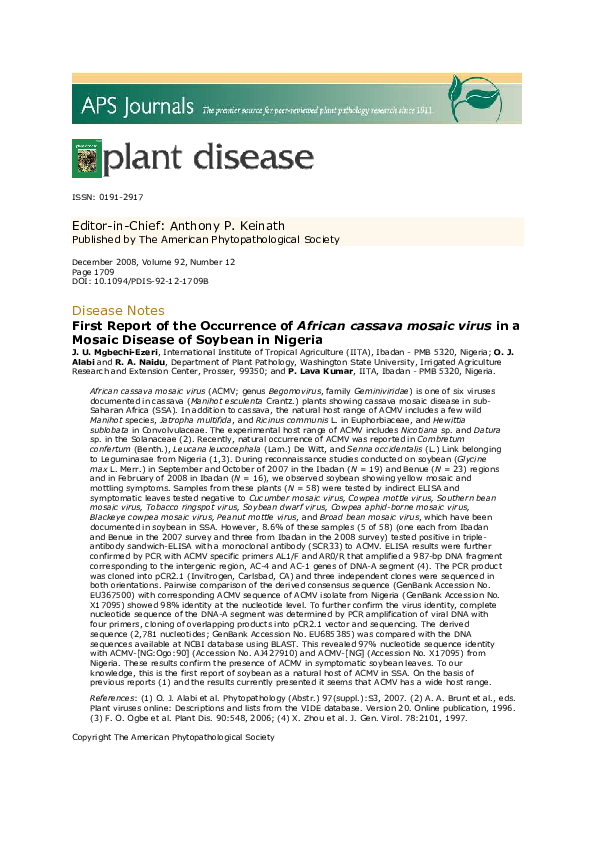 (PDF) First Report of the Occurrence of African cassava mosaic virus in
