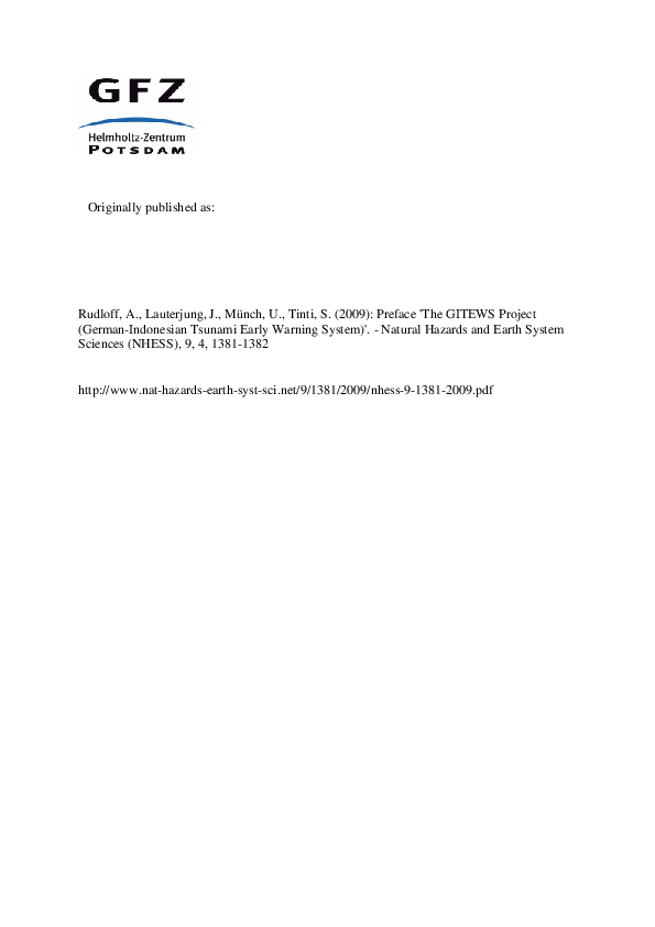 (PDF) Preface "The GITEWS Project (GermanIndonesian Tsunami Early