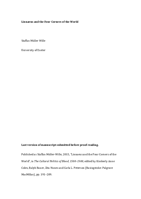 (PDF) Linnaeus and the Four Corners of the World Staffan Mueller