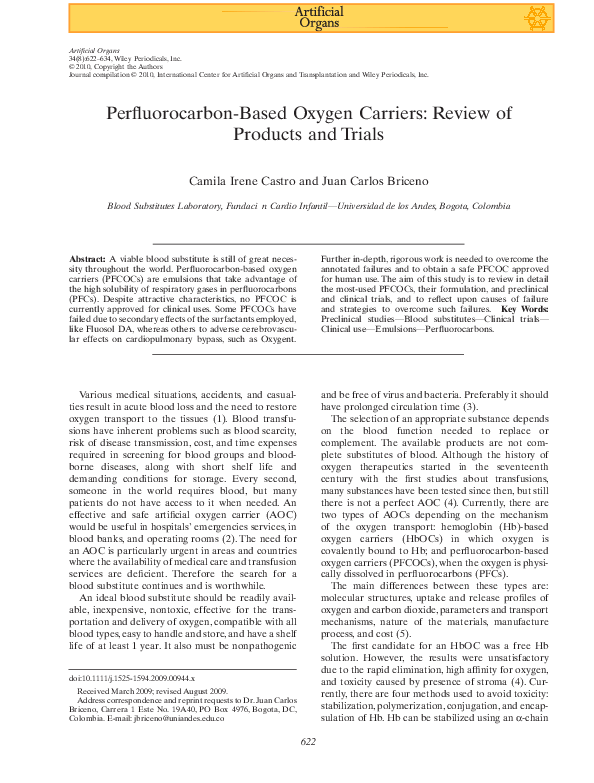 (PDF) Perfluorocarbon-Based Oxygen Carriers: Review of Products and Trials