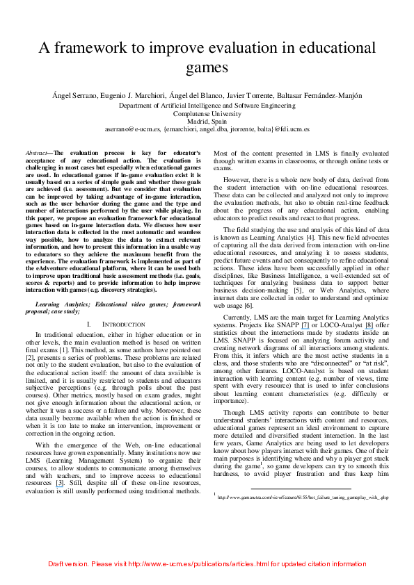 (PDF) A framework to improve evaluation in educational games