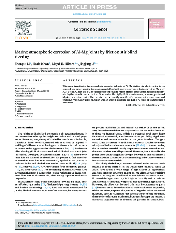 (PDF) Marine atmospheric corrosion of AlMg joints by friction stir