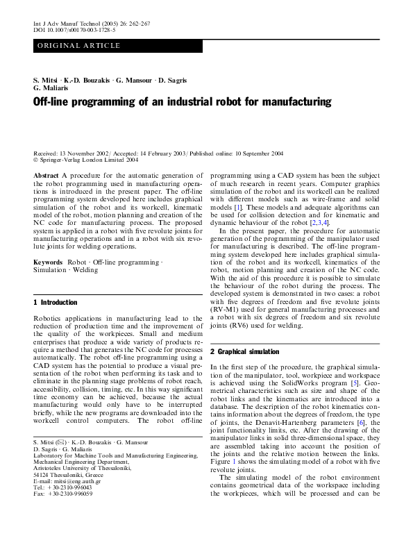 (PDF) Off-line programming of an industrial robot for manufacturing