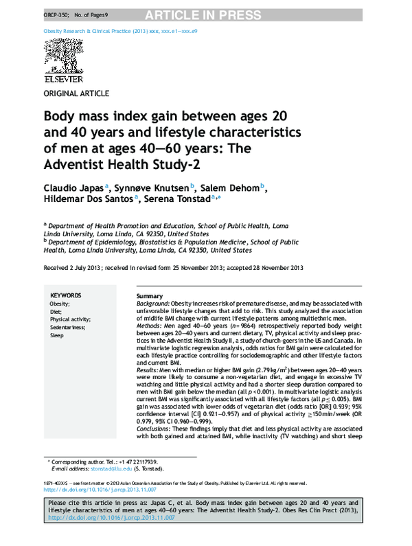 (PDF) Body mass index gain between ages 20 and 40 years and lifestyle ...
