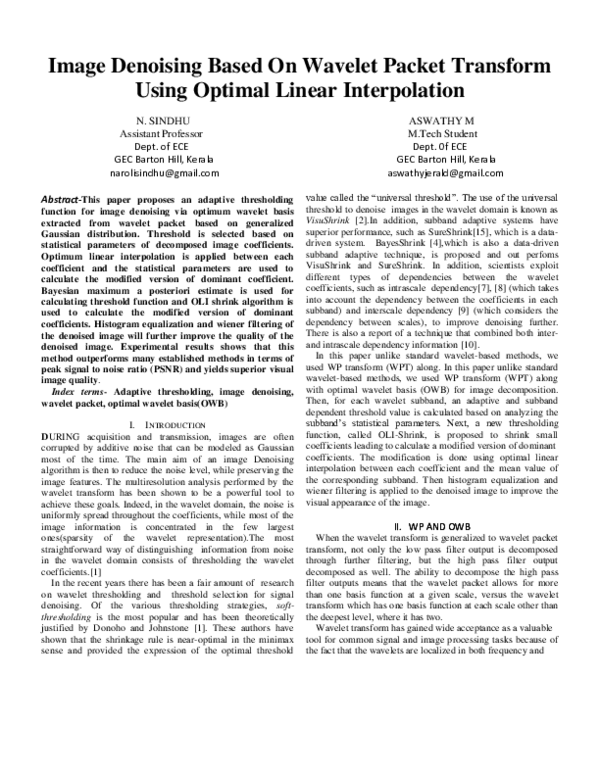 (PDF) Image Denoising Based On Wavelet Packet Transform Using Optimal ...