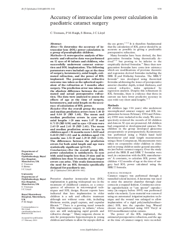 (PDF) Accuracy of Intraocular Lens Power Calculation Formulae in ...