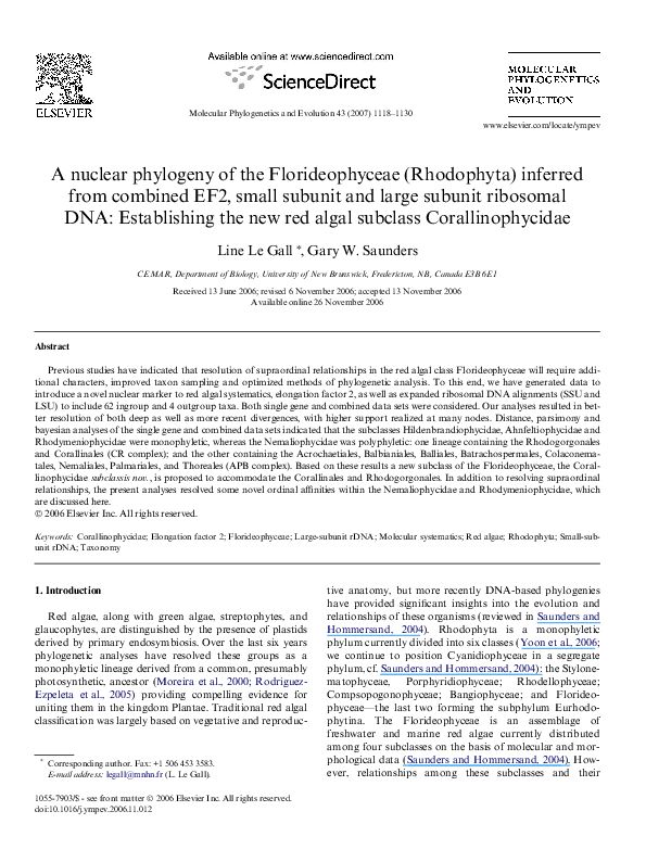 (PDF) A nuclear phylogeny of the Florideophyceae (Rhodophyta) inferred ...