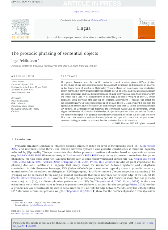 (PDF) The prosodic phrasing of sentential objects