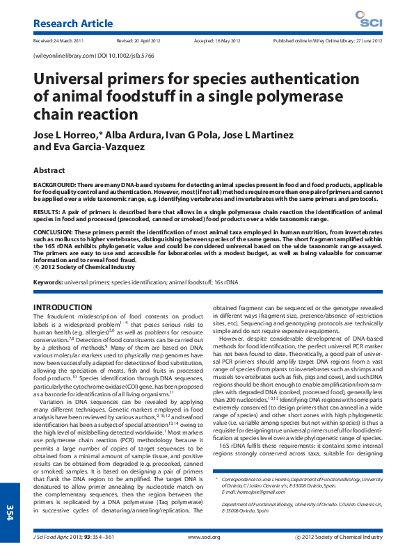 (PDF) Universal primers for species authentication of animal foodstuff
