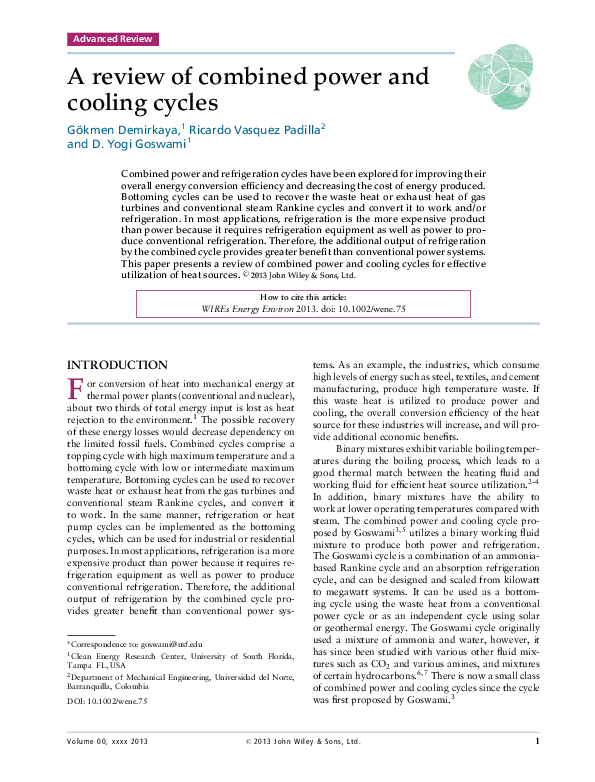 (PDF) A review of combined power and cooling cycles
