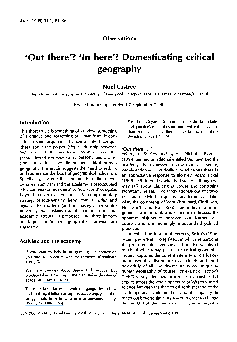 (PDF) Out there'? 'In here'? Domesticating critical geography