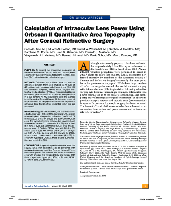 (PDF) Calculation of Intraocular Lens Power Using Orbscan II ...