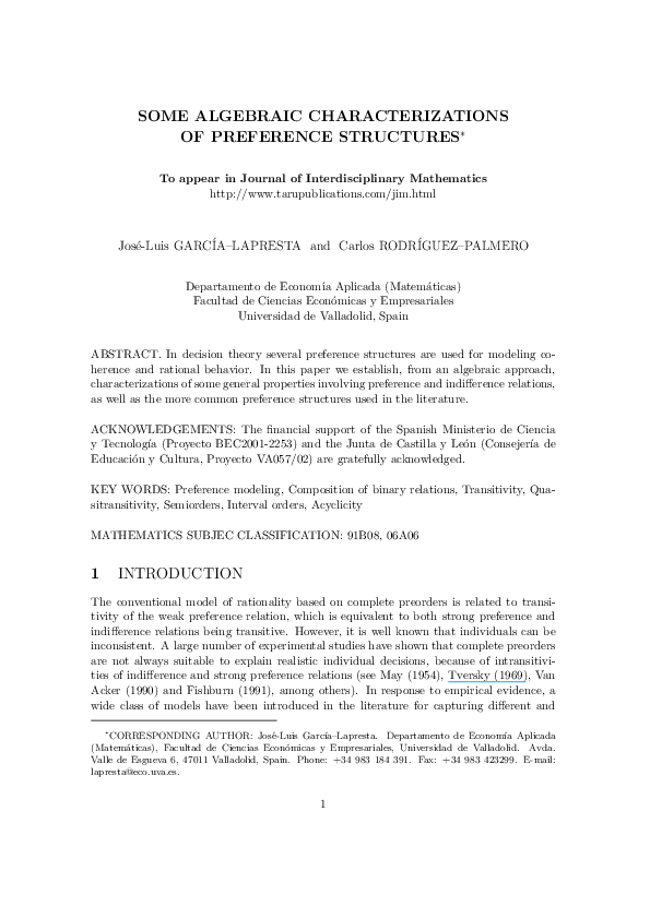 (PDF) Some algebraic characterizations of preference structures