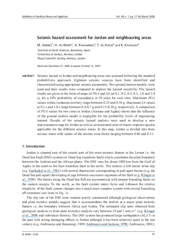 (PDF) Seismic Hazard Assessment for Jordan and Neighboring Areas