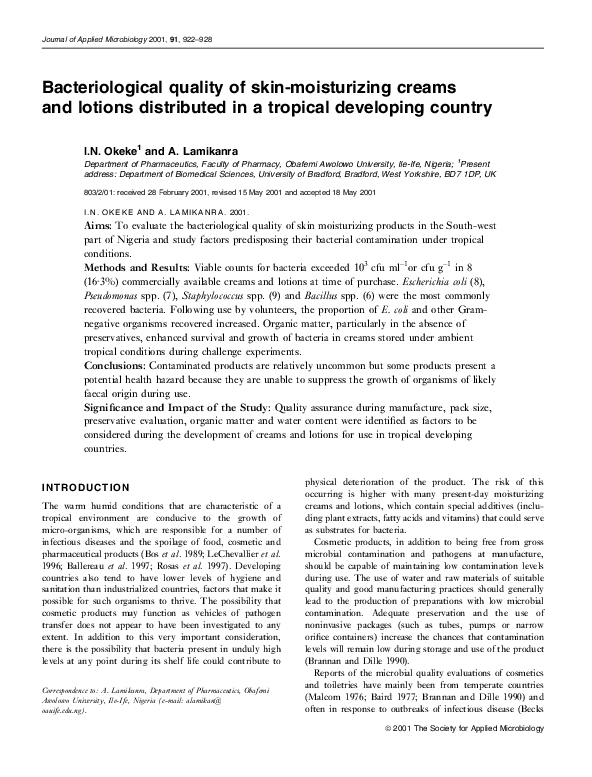 (PDF) Bacteriological quality of skinmoisturizing creams and lotions