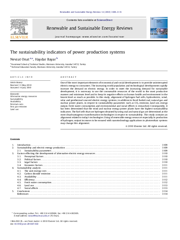 (PDF) The sustainability indicators of power production systems