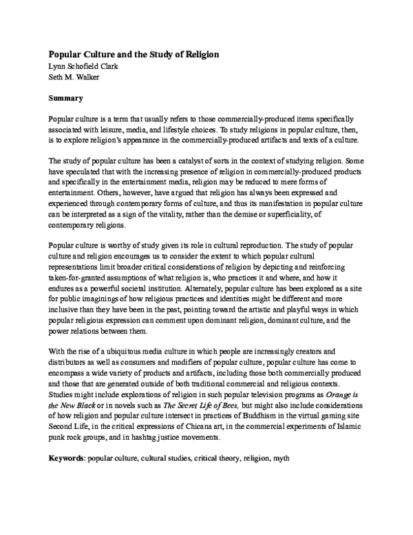 (DOC) Popular Culture and the Study of Religion Lynn Schofield Clark