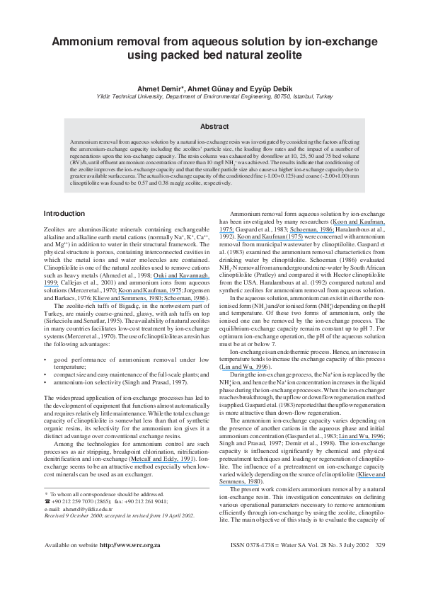 (PDF) Ammonium removal from aqueous solution by ion-exchange using ...