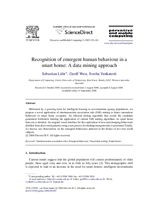 (PDF) Recognition of emergent human behaviour in a smart home: A data ...