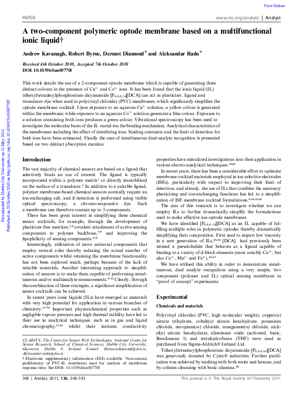 (PDF) A two-component polymeric optode membrane based on a ...