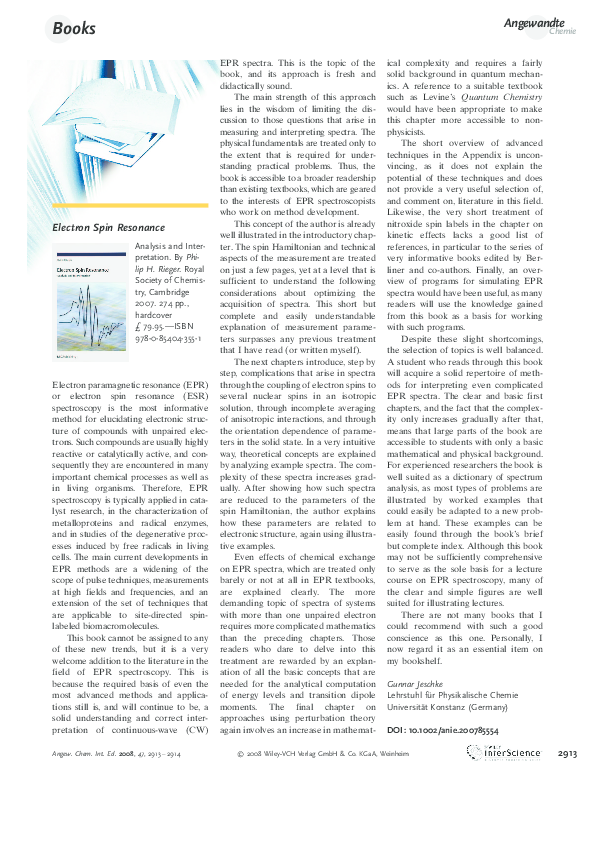 (PDF) Electron Spin Resonance. Analysis and Interpretation. By Philip H ...