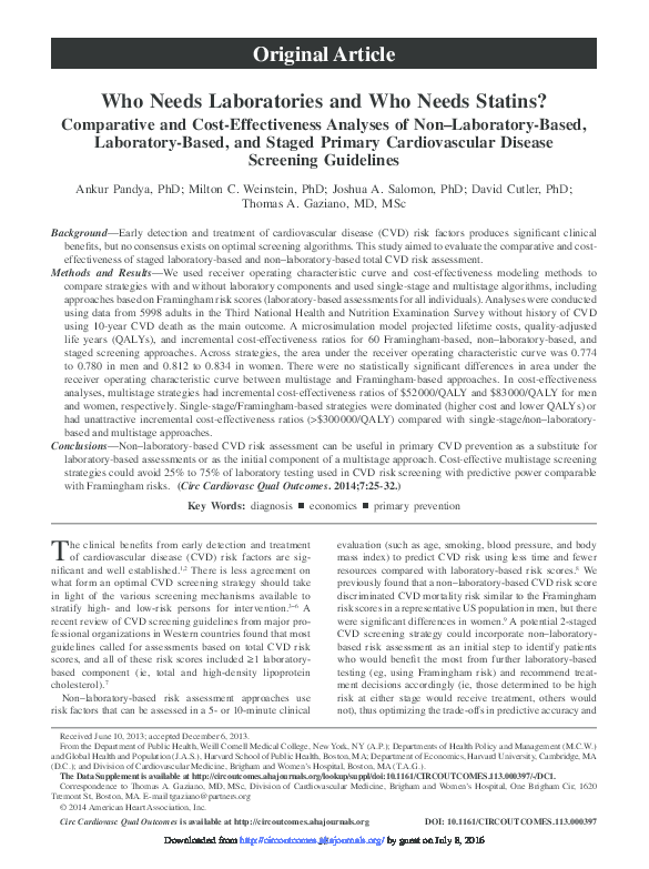 (PDF) Who Needs Laboratories and Who Needs Statins? Comparative and CostEffectiveness Analyses